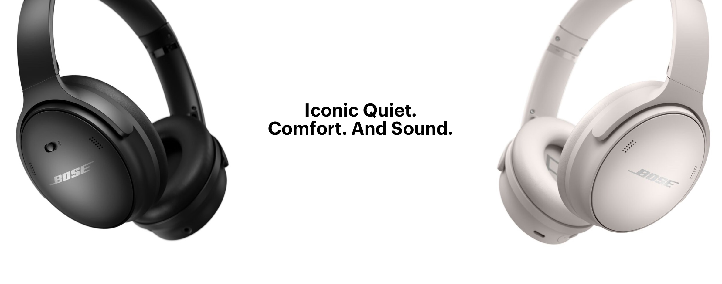 Studio image of 2 Bose QuietComfort 45 Noise-Cancelling Wireless Over-Ear Headphones in white smoke and black