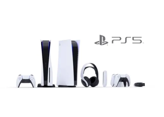 A collection of PlayStation 5 items like consoles, controllers, headphones and more