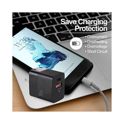 Argomtech - Fast Wall Charger, 38W, Dual Type-C and USB, Volta P4, Black