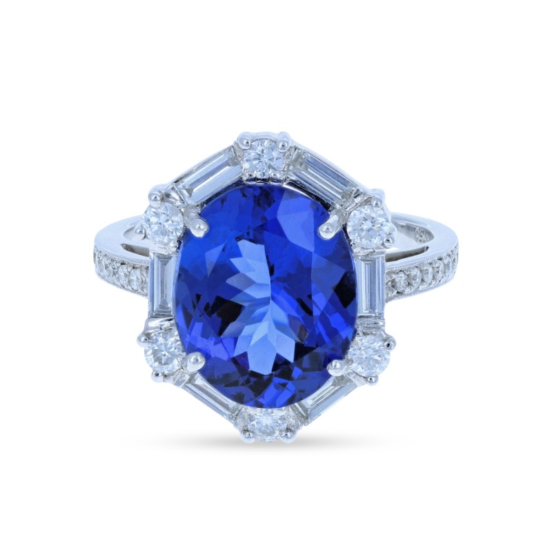 Oval Tanzanite & Baguette/Round Diamond Ring 18KT