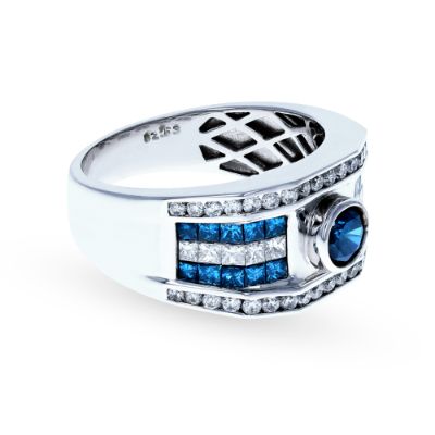 White Gold Mens Blue and White Diamond Ring 14KT