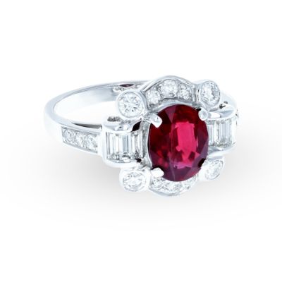 White Gold Oval Ruby Diamond Ring 18KT