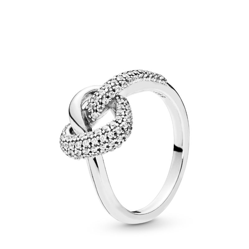 Knotted heart silver ring with clear cubic zirconia