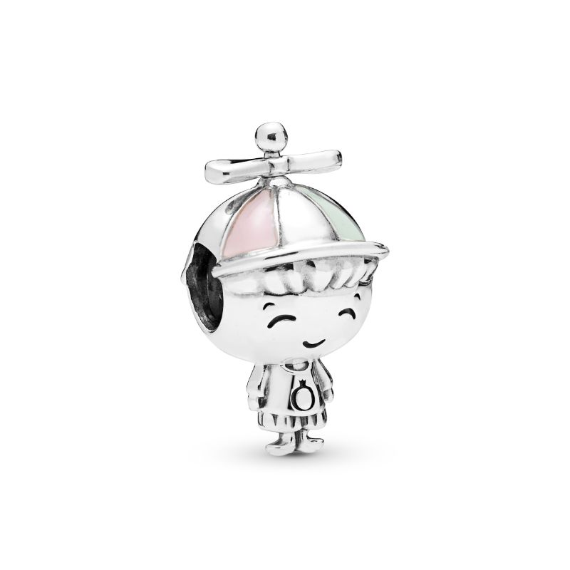 Boy silver charm with pink and green enamel