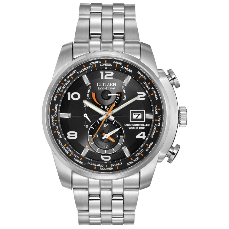 Citizen Men's Eco-Drive Silver and Black Tone World Time A-T