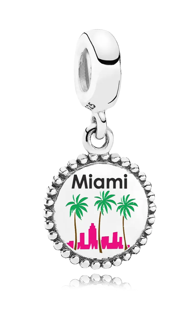 Sterling Silver Miami Pandora Dangle Charm with a mini pink skyline of downtown Miami and 3 palm trees in the foreground